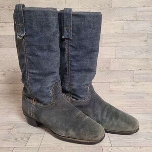 Women’s Vintage Dingo Western Blue Denim Suede Leather Cowboy Boots Size 7.5